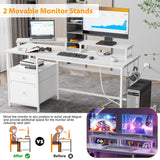Furologee White Computer Desk with Drawer and Power Outlets, 55" Large Gaming Desk with Fabric File Cabinet and 2 Movable Monitor Shelves, Writing Table with CPU Stand and 2 Hooks for Home Office Furologee