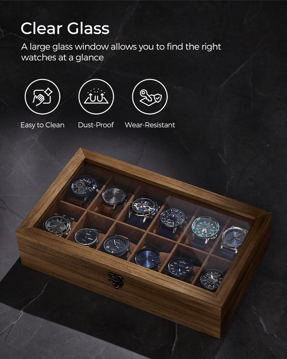 SONGMICS Watch Box with 12 Slots, Watch Case, Solid Wood Watch Box Organiser with Glass Lid, Watch Display Box with Removable Pillows, Gift Idea, SONGMICS