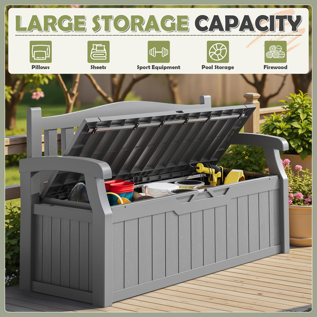 Homall 75 Gallon Outdoor Storage Benches Lockable Deck Box with Waterproof and UV Resistant, Waterproof Storage Box for Patio Furniture, Tools, Cushions (Grey) Homall