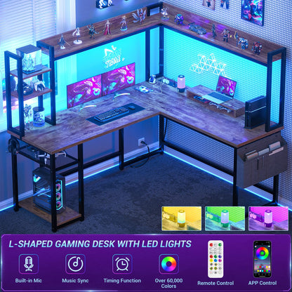 Aheaplus L Shaped Desk with Power Outlet, L Shaped Gaming Desk with Led Light & Hutch, Reversible Home Office Desk, Corner Computer Desk Writing Desk with Monitor Stand & Storage Shelf, Rusti - WoodArtSupply