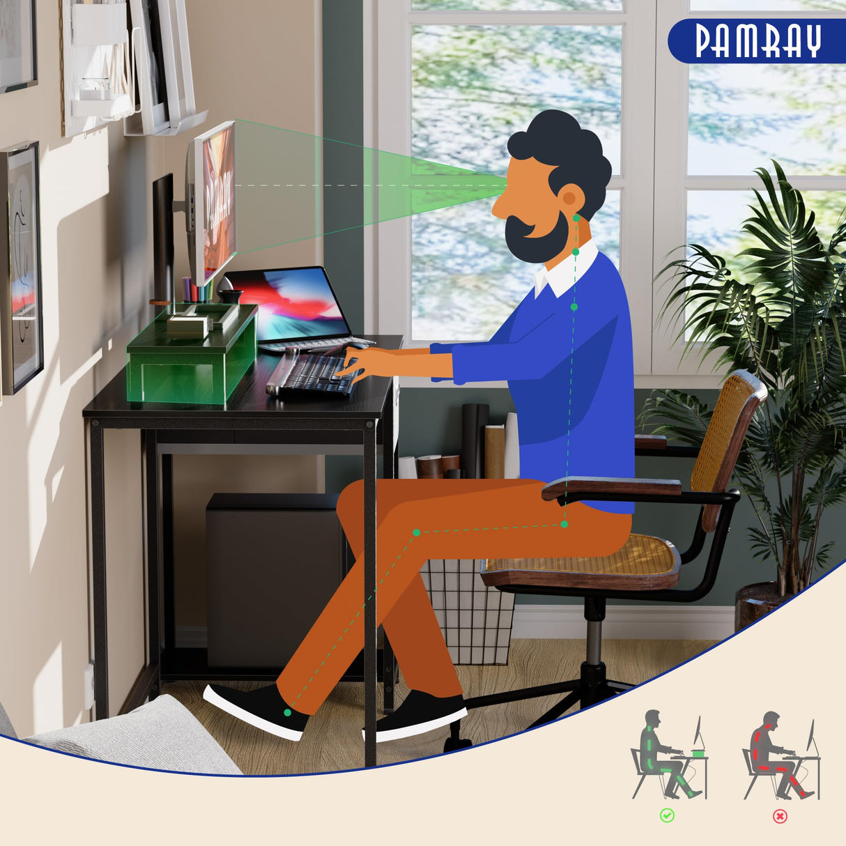 Pamray 39 Inch Computer Desk with Monitor Stand Small Home Office Desks with Non-Woven Storage Drawer for Bedroom Study Table Writing and Work Desk Black Pamray