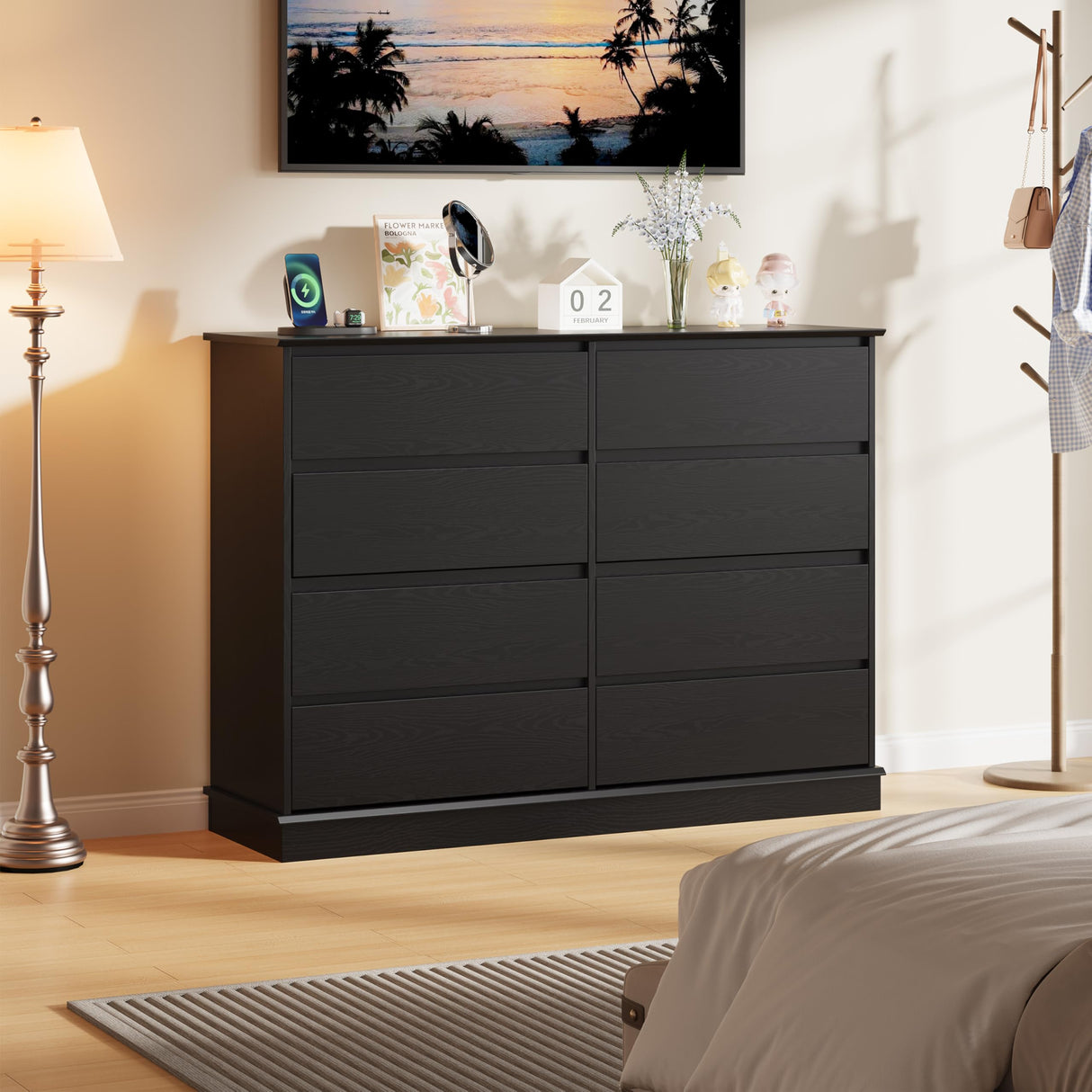 Black 8 Drawer Dressers for Bedroom, Chest of Drawers with Deep Drawers, Large Double Dresser for Closet with Wide Top, Horizontal Wooden Dresser for Living Room, Hallway, Kids Room GarveeHome