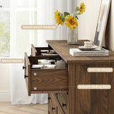 Walnut 6 Drawers Dresser for Bedroom, 55'' Wide Modern Wood Dresser with Black Handles, Large TV Stand Chest of Storage Drawers for Hallway, Living Room Tradare