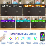 Whalefall Bedroom Dresser with LED Lights, Black 6 Drawers Dresser for Bedroom with Charging Station 55in Large Chest of Drawers, Wood Dresser TV Stand for Living Room Closet Entryway (Black) Whalefall