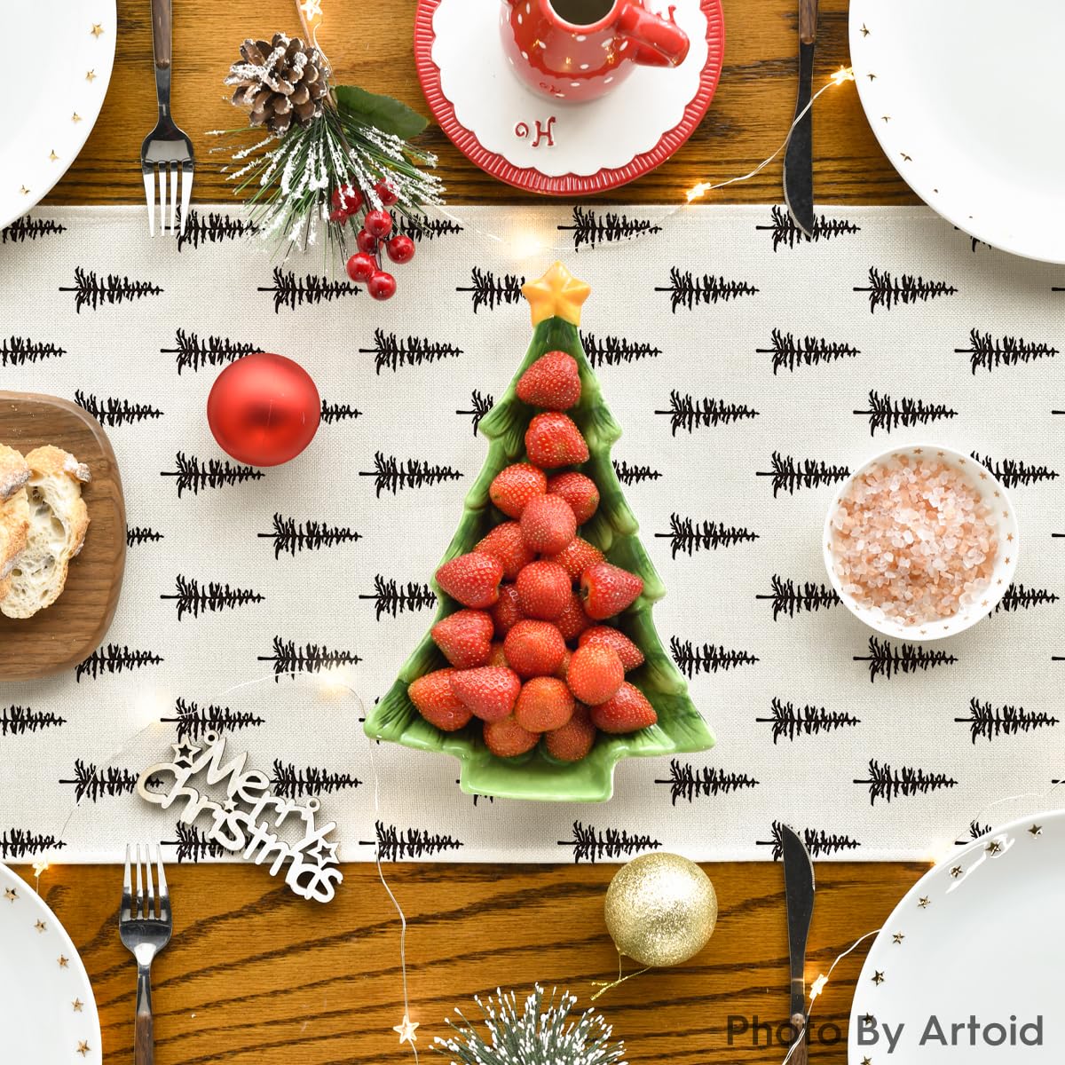 Artoid Mode Beige Xmas Tree Christmas Table Runner, Seasonal Winter Kitchen Dining Table Decoration for Home Party Decor 13x72 Inch Artoid Mode