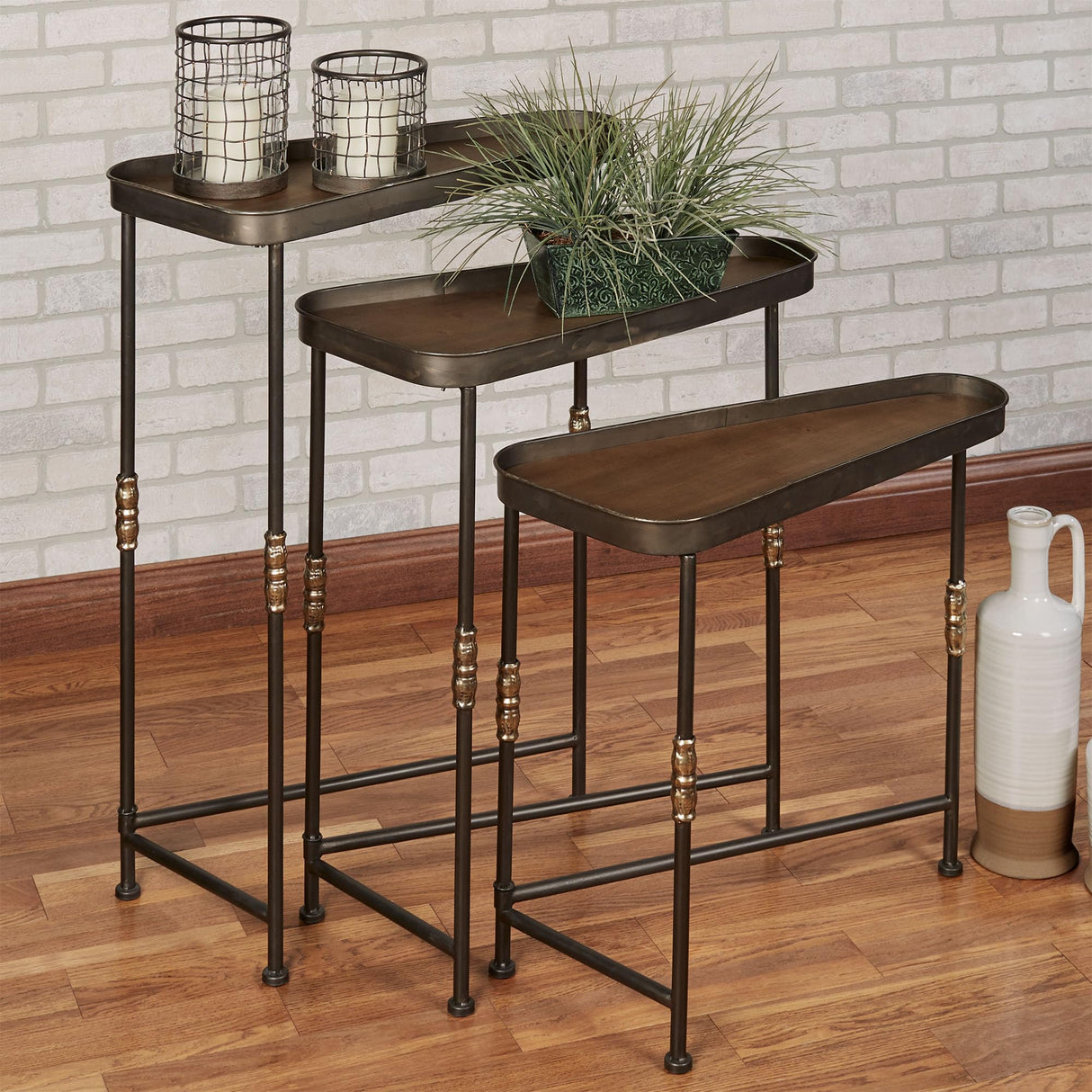 Bronwyn Metal and Wood Nesting Tables Dark Bronze Finish 28, 30.5 and 36 Inches Tall Set of 3 Touch of Class