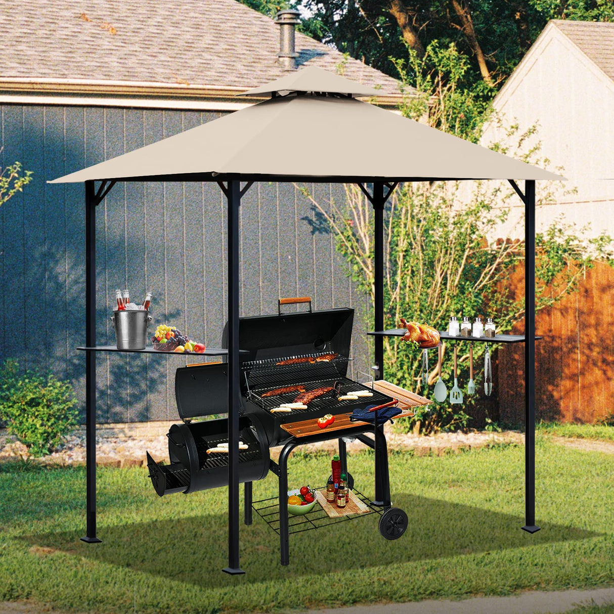 OLILAWN Grill Gazebo Replacement Canopy Roof, 5' x 8' Outdoor BBQ Gazebo Canopy Top Cover, Double Tired Grill Shelter Cover with Durable Polyester Fabric, Fit for Model L-GG001PST-F, Beige OLILAWN