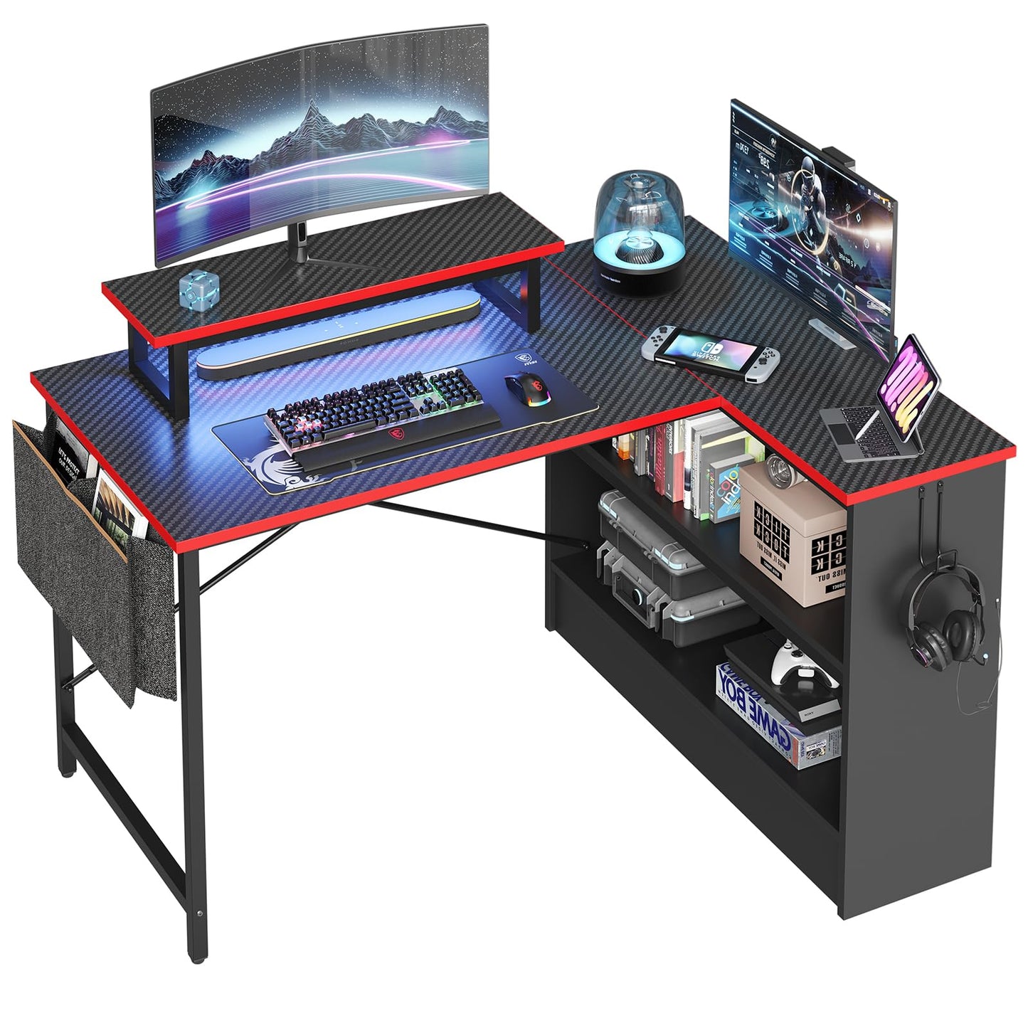 Bestier Small L Shaped Gaming Desk with LED Lights, 42 Inch Computer Desk with Monitor Stand, Open Storage Cabinet & Side Storage Bag, Corner Desk with Hooks for Bedroom Home Office