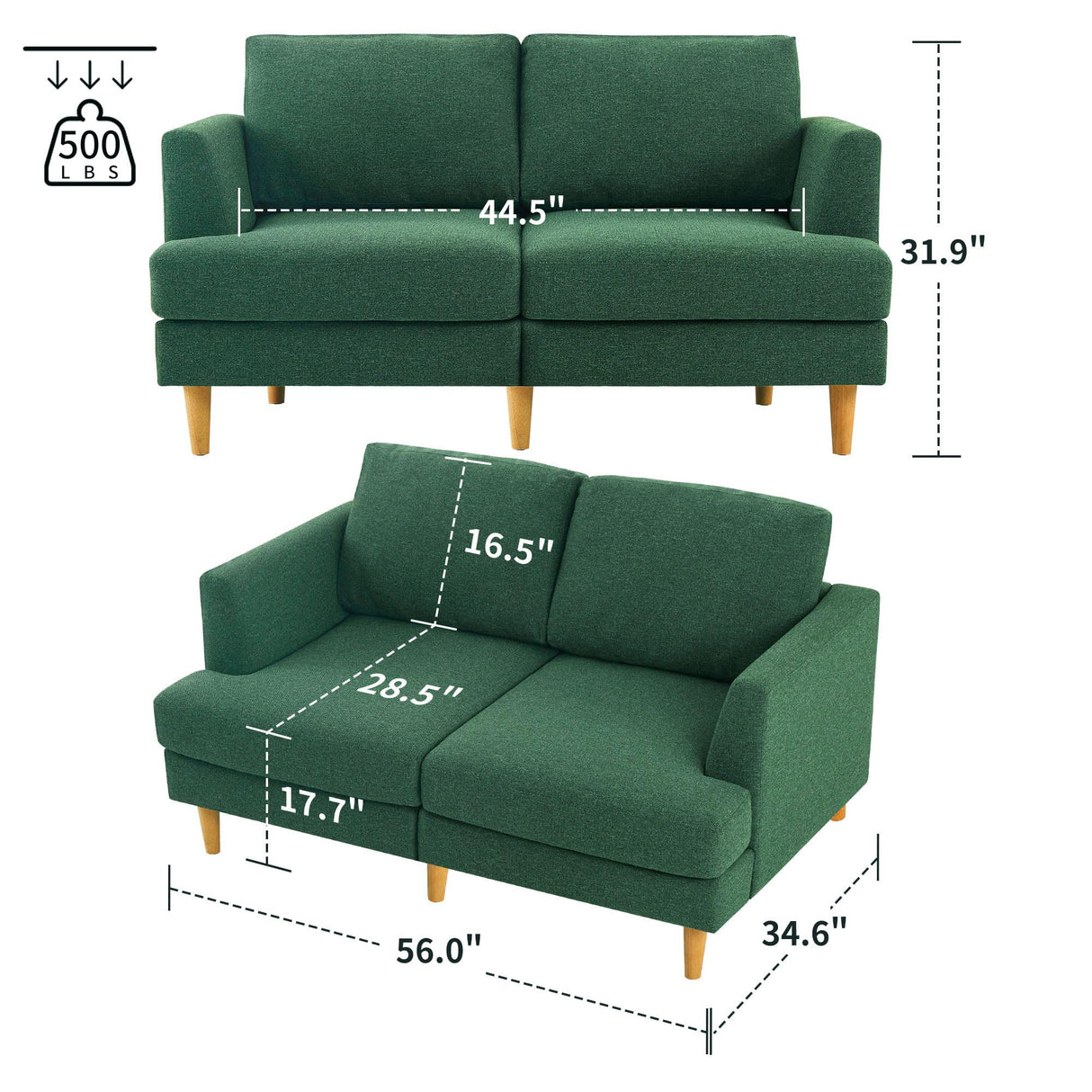BFD Small Loveseat Sofa Couch, 56" Mid Century Modern Love Seat Couches for Living Room, Extra Deep 2-Seat Small Sofa Furniture for Small Spaces Apartment, Dorm, Office, Green BFD