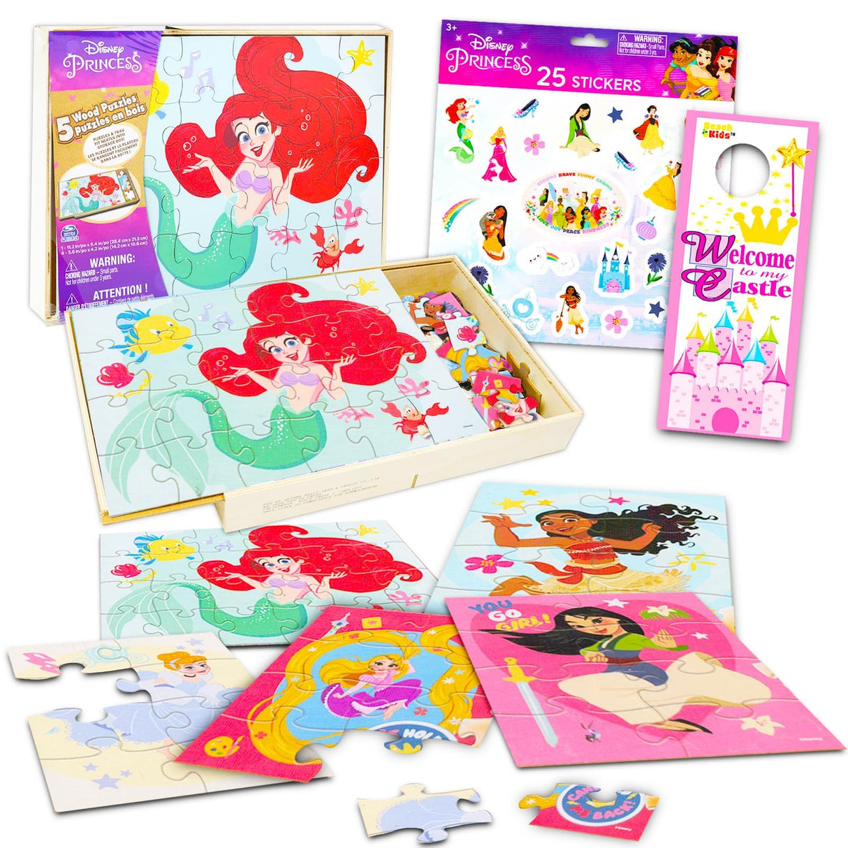 Princess Wooden Puzzle 5 Pack - 24 Piece Princess Wood Puzzles Bundle with Holding Tray Princess Puzzles for Kids with Princess Stickers and More (Kids Princess Jigsaw Puzzles) Disney