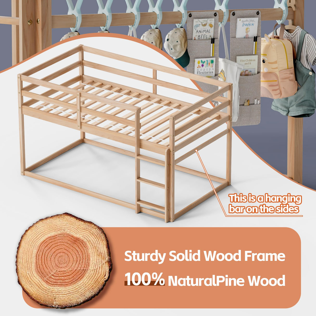 TOLEAD Low Bunk Bed Twin Over Twin, Floor Bunk Bed with Ladder, Twin Bunk Bed with Full Guardrails, Wooden Bunk Bed for Juniors, Boys, Girls, Kids, Bedrooms (Natural) TOLEAD