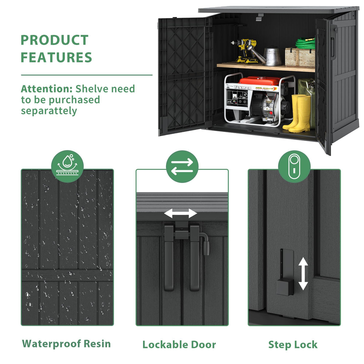 Horizontal Outdoor Storage Shed 36 Cu Ft - Resin Lockable Weatherproof Storage Cabinet/Box for Patio,Garden,Backyard,Outside-Black WTFGO