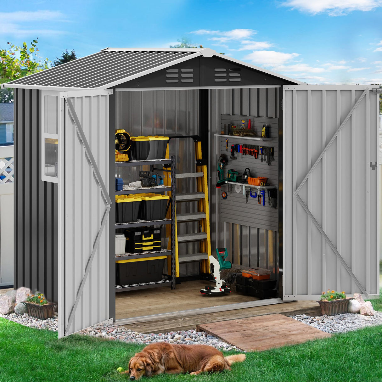 DWVO 6x4ft Metal Outdoor Storage Shed with Window, Lockable Tool Storage Sheds, Steel Garden Sheds with Sloped Roof for Backyard, Patio, Garage, Lawn, Gray + White DWVO