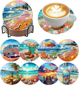 Ekuxom 8 pcs Beach Diamond Art Coasters Kits with Holder, DIY Ocean Diamond Painting Coasters, Non Slip Coaster Crafts Kits for Adults Beginners Gifts Ekuxom