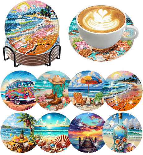 Ekuxom 8 pcs Beach Diamond Art Coasters Kits with Holder, DIY Ocean Diamond Painting Coasters, Non Slip Coaster Crafts Kits for Adults Beginners Gifts Ekuxom