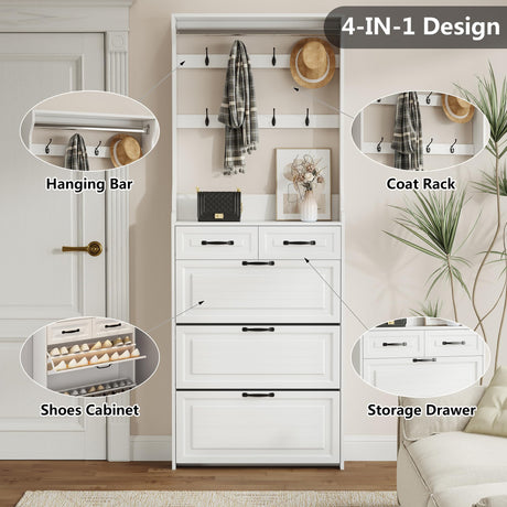 Betoko Hall Tree with Shoes Storage,Farmhouse Entryway Coat Rack Wooden Mudroom Hallway Tree Bench Corner Tree Cabinet with 8 Coat Hooks & 3 Shoes Cabinets & 2 Drawers(White) Betoko