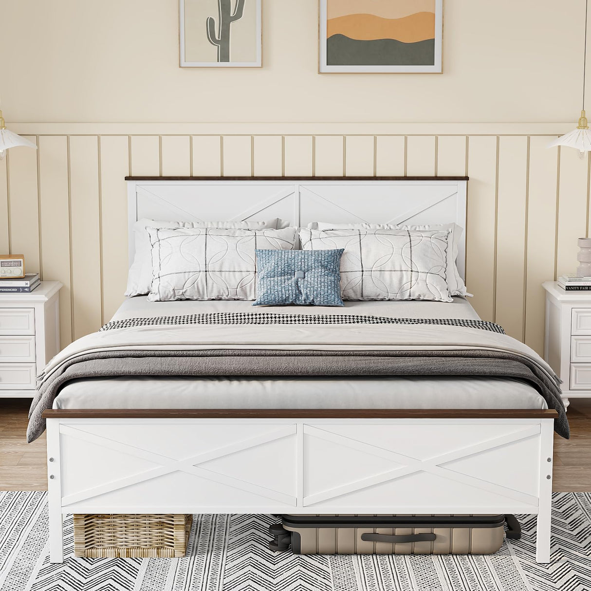 VOPEAK Farmhouse Full Bed Frame with Headboard and Footboard, Bed Frame Full Size Metal Platform with Under Bed Storage, Noise Free, No Box Spring Needed, Easy to Install, Sturdy & Stable, White VOPEAK