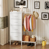HIGDBFE Dresser with Hanging Rack, 4 Drawers Small Dresser for Bedroom, Reversible Fabric Kids Chest of Drawers for Closet with Clothes Rack, Tall Storage Tower, Sturdy Frame, White, 44''H HIGDBFE