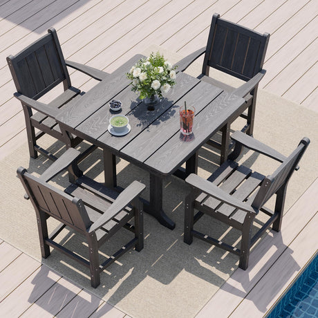 Pamapic 5 PCS Outdoor Dining Set, Spacious HDPE Outdoor Table and Chairs, Wood Grain Patio Furniture Sets with Elegant Armrest, All-Weather Patio Dining Table with Umbrella Hole, Gray Pamapic