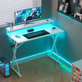 TIQLAB Gaming Desk with Power Outlets & LED 40 Inch Ergonomic Computer Carbon Fiber Surface Gamer Desk, Large Monitor Stand, Headphone Hook, PC Workstation for Bedroom, White Desk TIQLAB