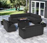 Vakollia 13 Pieces Patio Furniture Set with 44" Propane Gas Fire Pit Table, Outdoor Sectional Wicker Conversation Sofa Sets with Coffee Table Vakollia