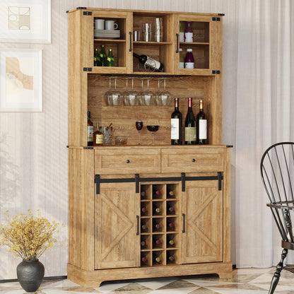 ARTPOWER Coffeee Bar Cabinet with Wine&Glass Racks, 72" Hutch Storage Cabinet with Farmhouse Sliding Barn Door, Kitchen Pantry Buffet Cabinet with Drawers for Dining Room, Oak