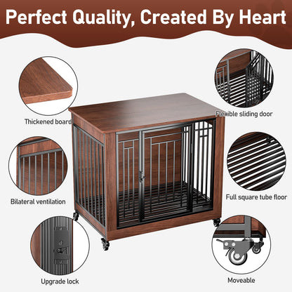 Dog Crate Furniture, 32" Dog Kennel Furniture, Small Dog Kennel Indoor, Dog Crates for Small Dogs, Wooden Dog Crate with Wheels, Tray, Feeding Window - WoodArtSupply