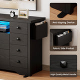 LIKIMIO Dresser with 10 Drawers, Bedroom Wooden Chest of Drawers with LED Lights and Power Outlets, Fabric Side Pocket, TV Stand for Living Room, Black LIKIMIO