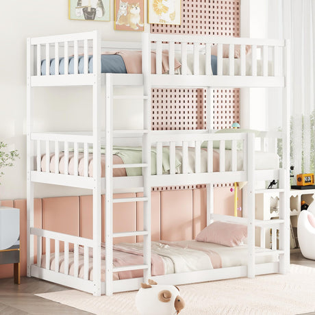 Bellemave Solid Wood Triple Bunk Bed for 3 Kids,Twin Over Twin Over Twin Triple Bunk Bed with Two Built-in Ladders,Detachable,White Bellemave