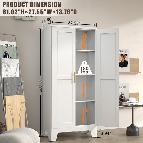 White Metal Pantry Cabinet with 2 Doors and Adjustable Shelves, 61" Kitchen Storage cabinets with Gold Handles, Versatile Storage for Laundry/Living/Dinning Room, Bathroom,Utility Room winiowa