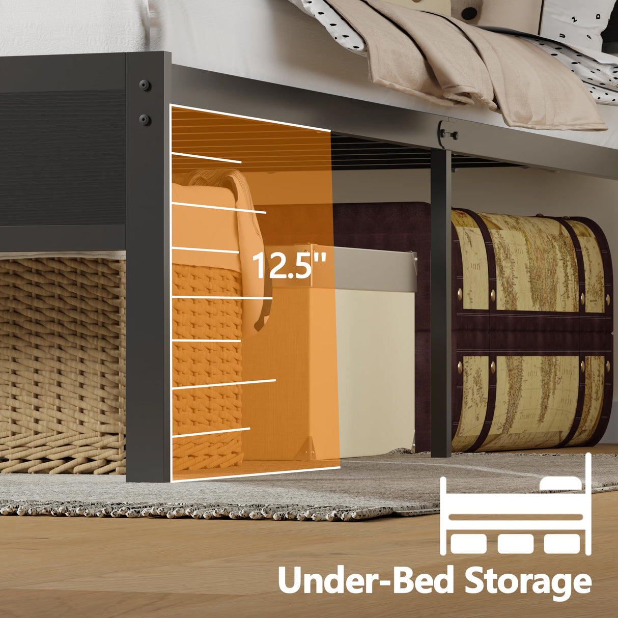 Furnulem Queen Bed Frame with Storage Headboard and LED Lights, Metal Bedframe with Charging Station and USB Port, Queen Size Platform Bed with Heavy Duty Slats, No Box Spring Needed, Black Oak Furnulem