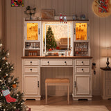 EnHomee Farmhouse Vanity Desk with LED Lighted Mirror, Makeup Vanity Table with RGB Cabinets and Lots Storage, 5 Drawers and 6 Storage Shelves for Bedroom and Dressing Room, White EnHomee