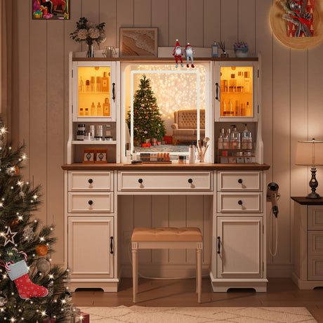 EnHomee Farmhouse Vanity Desk with LED Lighted Mirror, Makeup Vanity Table with RGB Cabinets and Lots Storage, 5 Drawers and 6 Storage Shelves for Bedroom and Dressing Room, White EnHomee