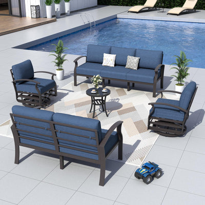 ALAULM Aluminum Patio Furniture Set with 2 Swivel Chairs 7-seat Metal Outdoor Furniture Patio Sectional Sofas Patio Conversation Set w/5.1" Cushions for Patio, Backyard, Poolside-Dark Blue
