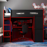 Bekeknlny Gaming Bed with Desk,Wardrobe,Ample Storage Space,and RGB LED Light, Full Size Wood Loft Bed for Kids Bedroom (Red/K) Bekeknlny