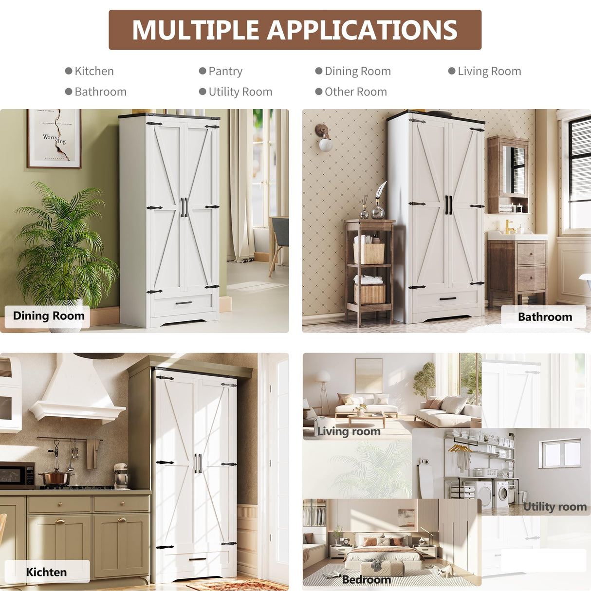 72" Tall Farmhouse Kitchen Pantry with Drawer and 4 Shelves, Large Wood Kitchen Storage Cabinets with 2 Barn Doors & Drawer, Versatile Storage for Dining Room, Bathroom, Antique White Brelley