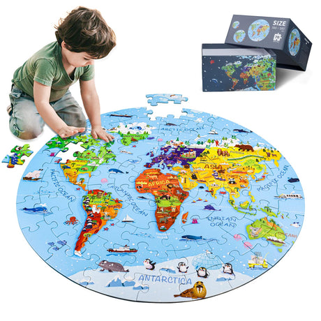 DIGOBAY World Map Jigsaw Puzzle for Kids 4-8, 70 Piece Large Round Floor Puzzles for Kids Ages Toddler Puzzle Globe Geography Games Educational Toys Birthday for Children DIGOBAY