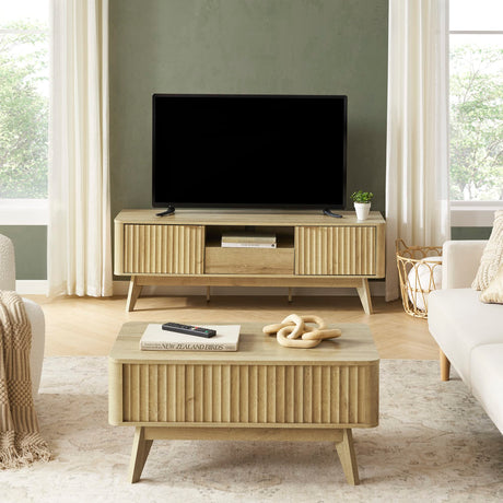 mopio Brooklyn Mid-Century Modern TV Stand, for TVs up to 50” Waveform Panel, Sleek Curved Profile with Adjustable Shelf and Sturdy Box Frame Leg (Golden Oak, 57") mopio