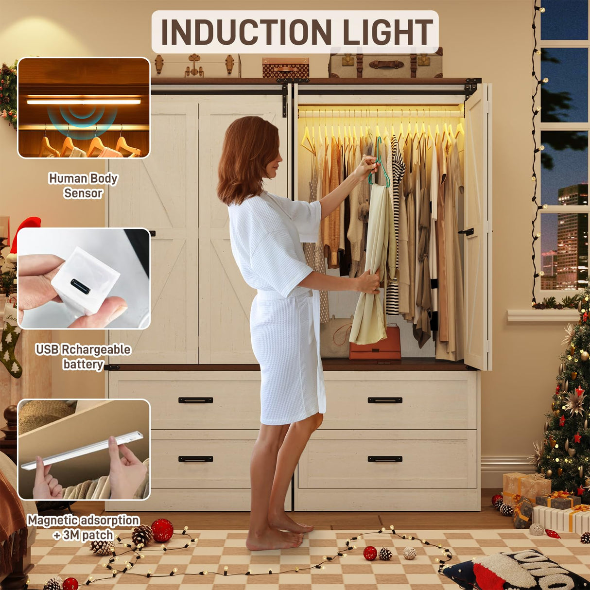 Farmhouse 2 Doors Armoire Wardrobe Closet w/Folding Sliding Barn Door and Lights, LED Armoire Closet w/Drawers for Bedroom, Freestanding Wooden Wardrobe Storage Closets w/Hanging Rod,Antique White jiteentarou