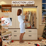 Farmhouse 2 Doors Armoire Wardrobe Closet w/Folding Sliding Barn Door and Lights, LED Armoire Closet w/Drawers for Bedroom, Freestanding Wooden Wardrobe Storage Closets w/Hanging Rod,Antique White jiteentarou