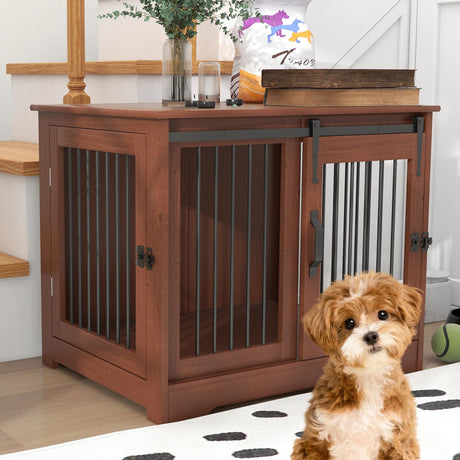 TAOHFE Solid Wood Dog Crate Furniture, Dog Kennel Indoor for Small Dogs with 2 Types Doors, Solid Wood Small Dog Crates Farmhouse Style, Dog Kennel Furniture for Dogs to Play & Rest TaoHFE