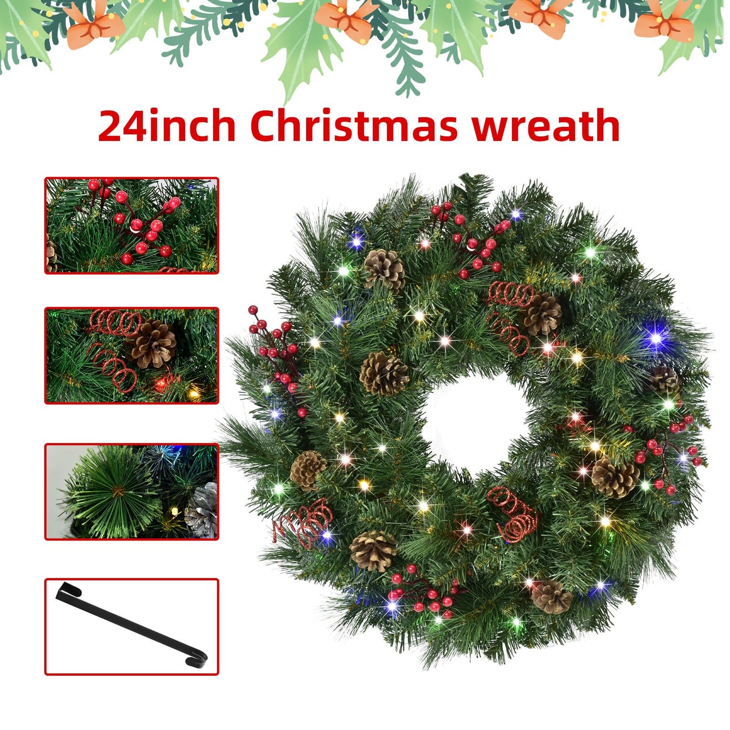 Christmas Wreaths for Front Door 24In - Artificial Christmas Wreath with 40 LEDs 9 Models Light, Timer, Hanger, Battery Operated Christmas Wreath for Mantel Wall Windows Xmas Decoration