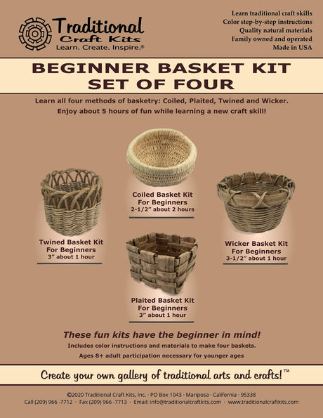 Traditional Craft Kits - Beginner Basket Kit - Set of Four: Coil, Plaited, Twined, Wicker Traditional Craft Kits
