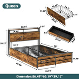 Zevemomo Queen Bed Frame with 8 Storage Drawers, Queen Metal Bed Frame with LED Light and Charging Station, Heavy Duty Metal Slats, No Box Spring Needed, Rustic Brown Zevemomo