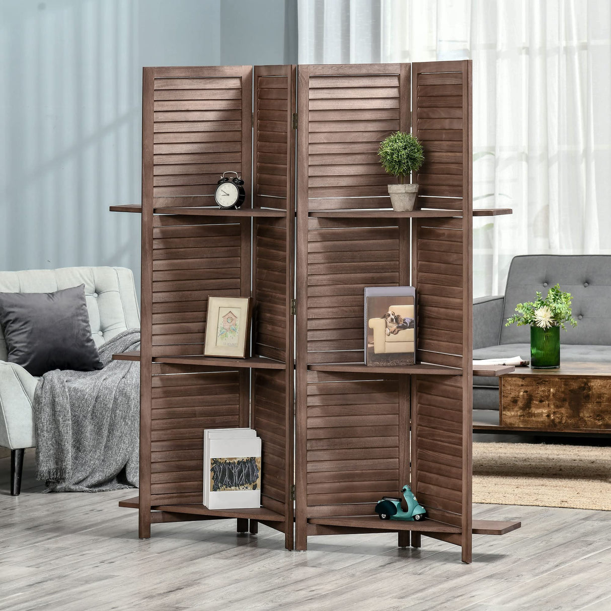 HOMCOM Room Divider, 4 Panel 67" Tall Wood Privacy Screen with 3 Display Shelves, and Folding Storage for Bedroom or Home Office, Walnut HOMCOM