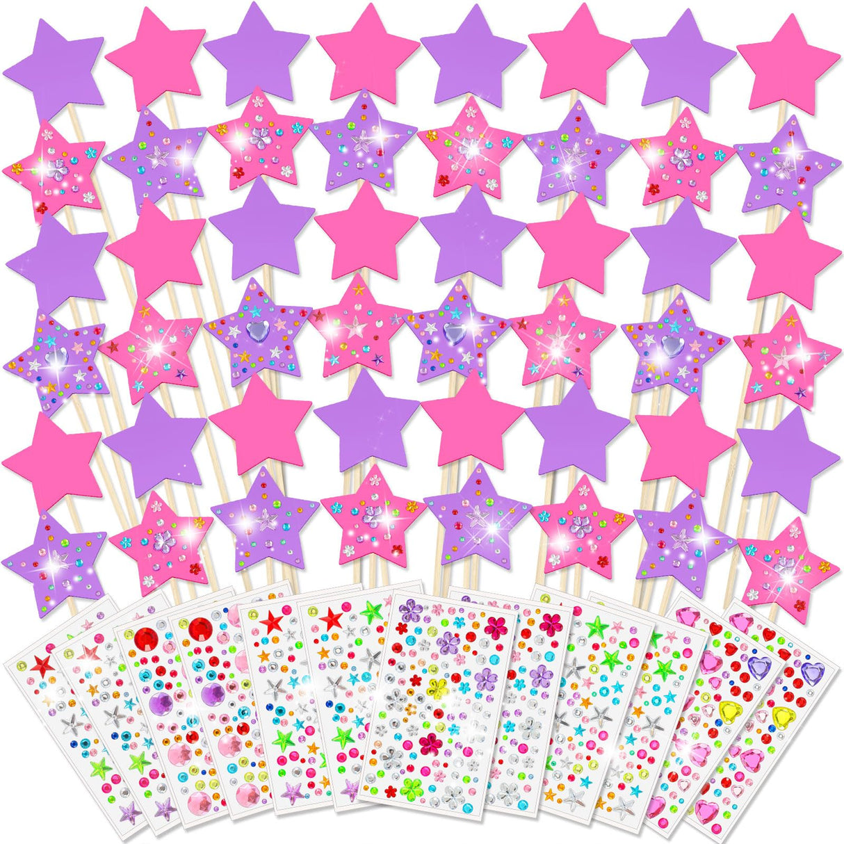 Juexica 60 Pcs Princess Fairy Wand Kit Includes 48 Make Your Own Princess Craft Unfinished Wooden Fairy Wand and 12 Gem Stickers for Girls DIY Magical Crafts Juexica