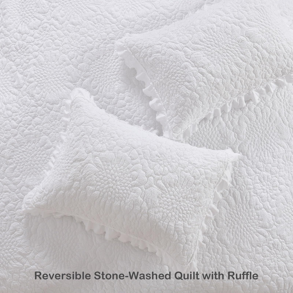 HORIMOTE HOME White Ruffled Quilt Queen Size, Stone-Washed Microfiber Lightweight Crinkled Farmhouse Rustic Shabby Chic Bedding Set, 3 Pieces Reversible Bedspread with Pillow Shams for All Season HORIMOTE HOME