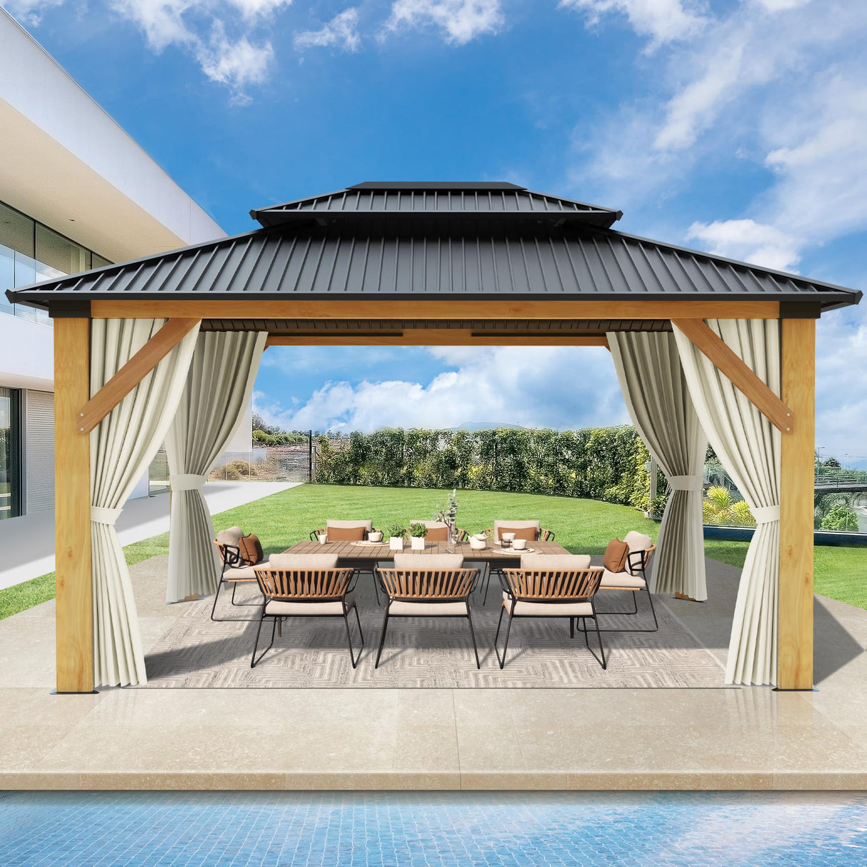 GARTOO 13’x15’ Patio Wooden Gazebo, Galvanized Steel Roof Gazebo with Privacy Curtains and Netting, Double Vented Roof Hardtop Gazebo for Garden, GARTOO