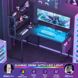 Homieasy 47 Inch L Shaped Computer Desk with Bookshelf & LED Light, Reversible Corner Gaming Station in Black Oak Homieasy