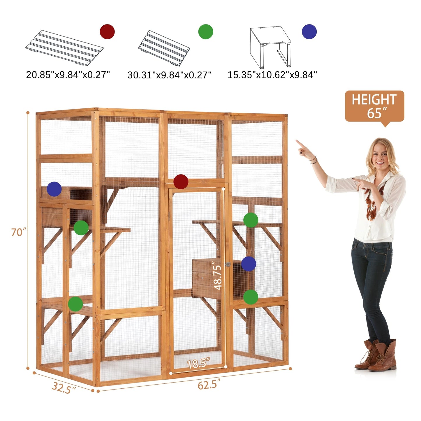 OELUBBY Large Cat Enclosure Wooden Cage Catio Pet Outdoor Playhouse Run House with Hiding Boxes and Solar Top, Pet Kennel Playpen with Jumping Activity Platforms 63'' x 33'' x 70'', Orange - WoodArtSupply